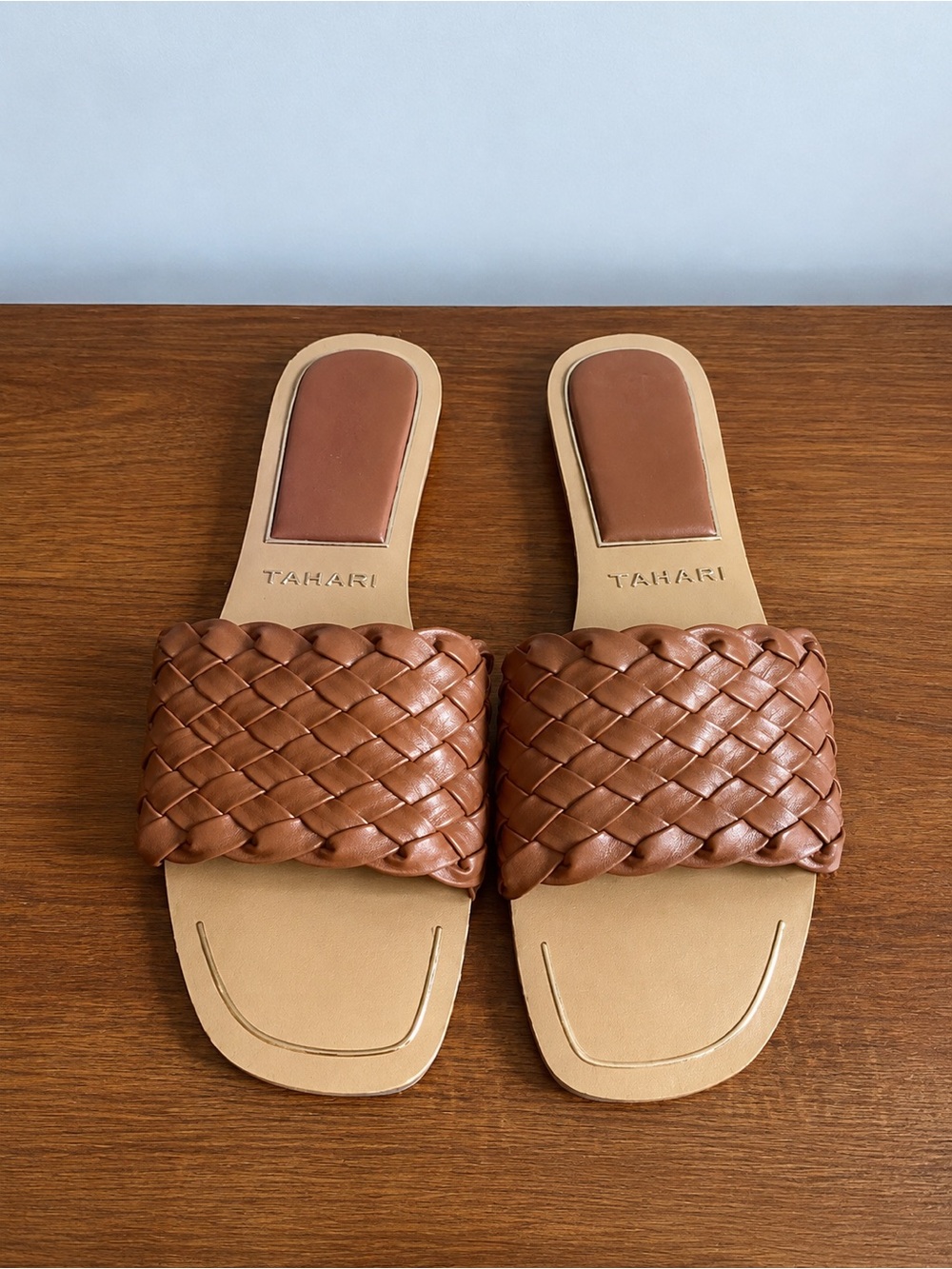 Tahari Tan Brown Braided Slide Sandals